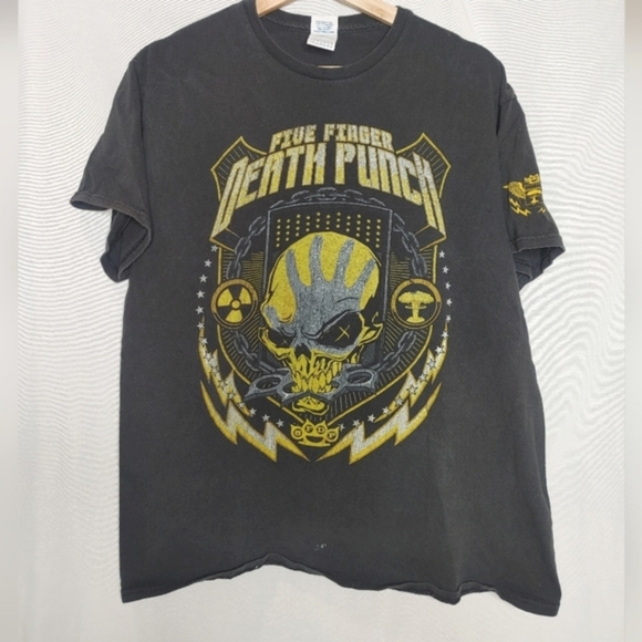 Five Finger Death Punch 5FDP Graphic Tee Black Yellow Distressed‎ Band Rock L - Picture 2 of 7